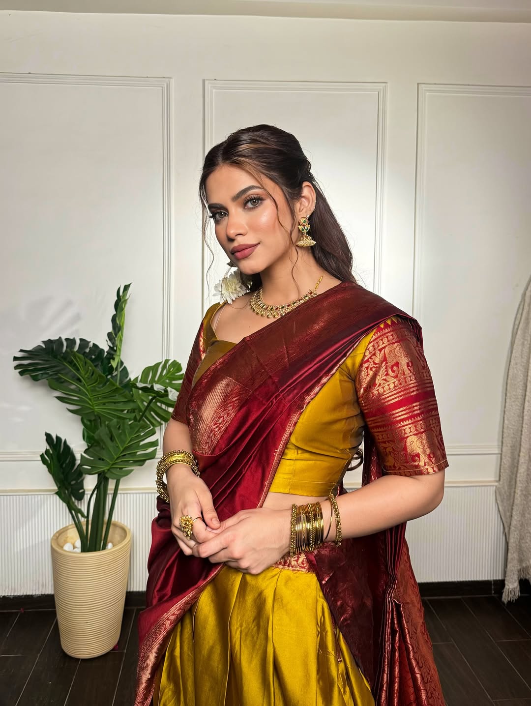 Nagma Mirajkar in golden silk saree elegance
