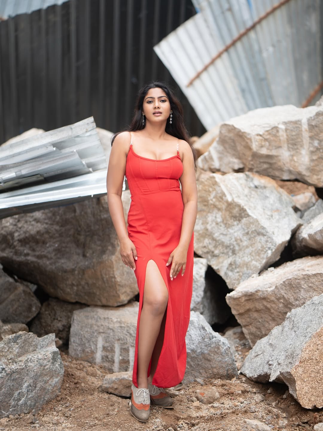 Shruti Reddy in bold red with playful elegance