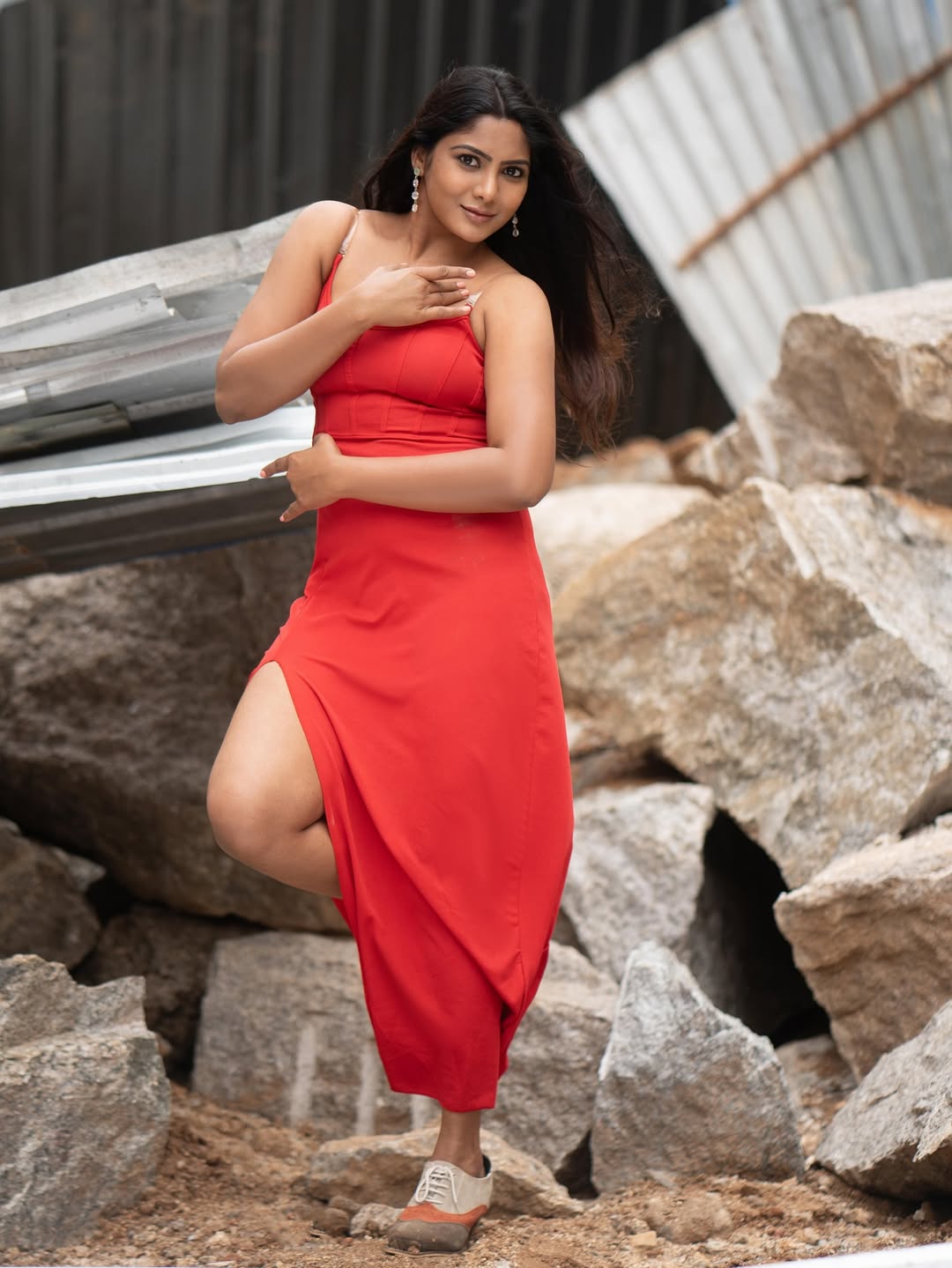 Shruti Reddy in red dress striking rocky runway