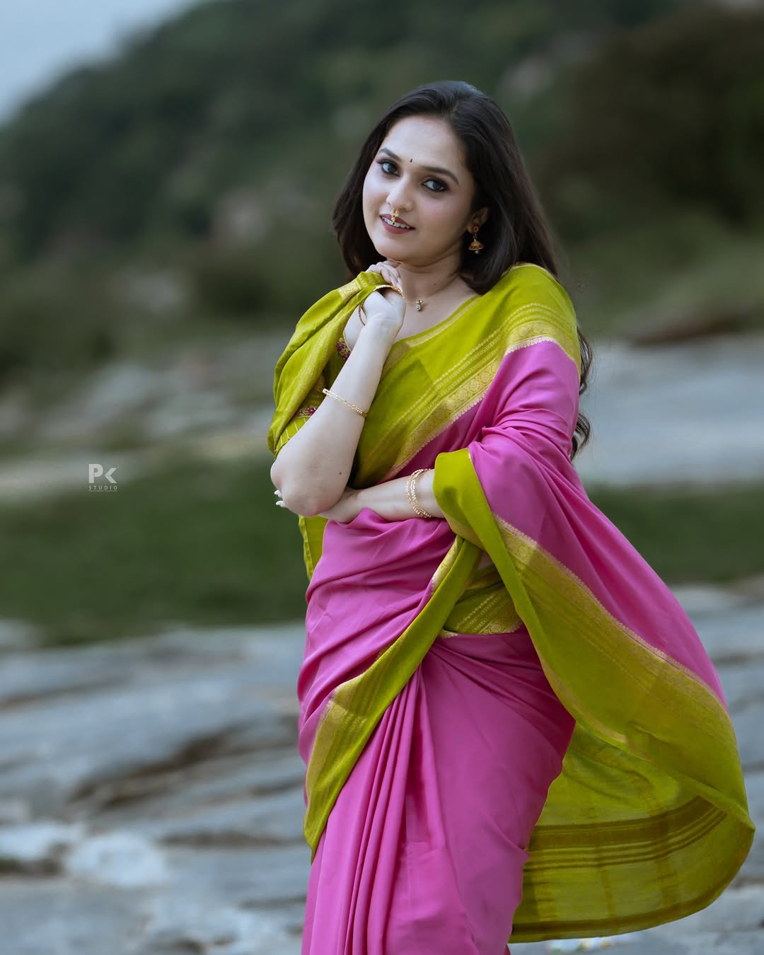 Spandana Somanna smiling in stylish saree look