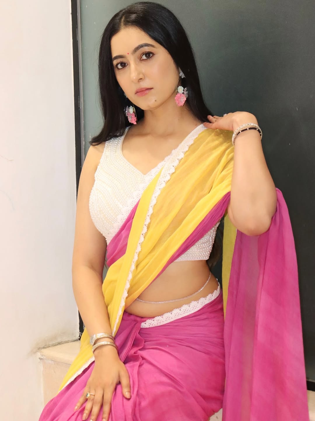 Adhvithi Shetty elegant in pink yellow saree style
