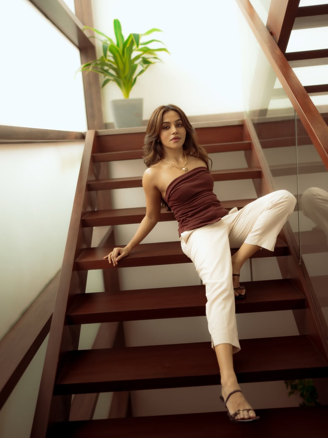 Bhavani Sre in chic style posing on staircase