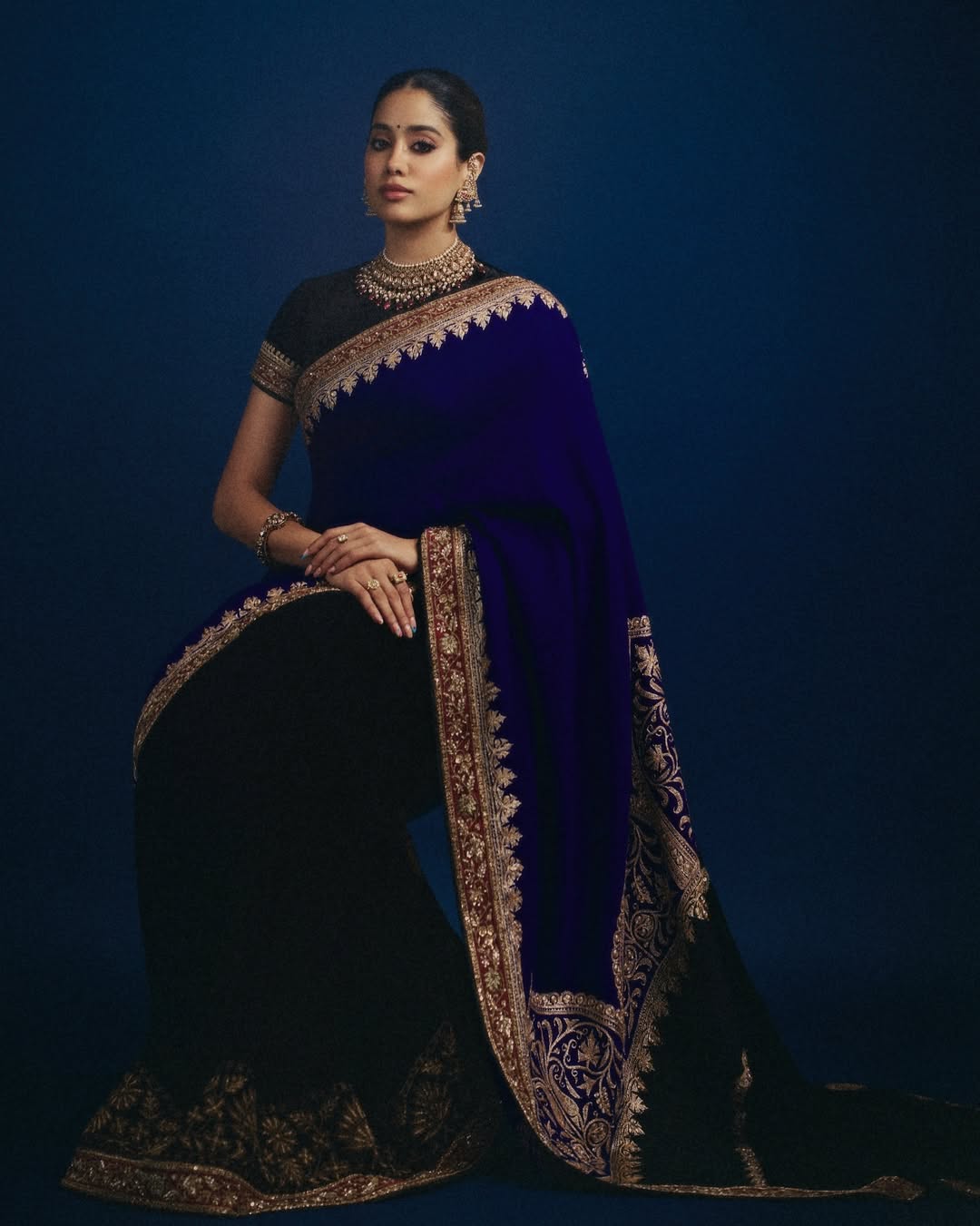 Janhvi Kapoor in blue saree with golden details