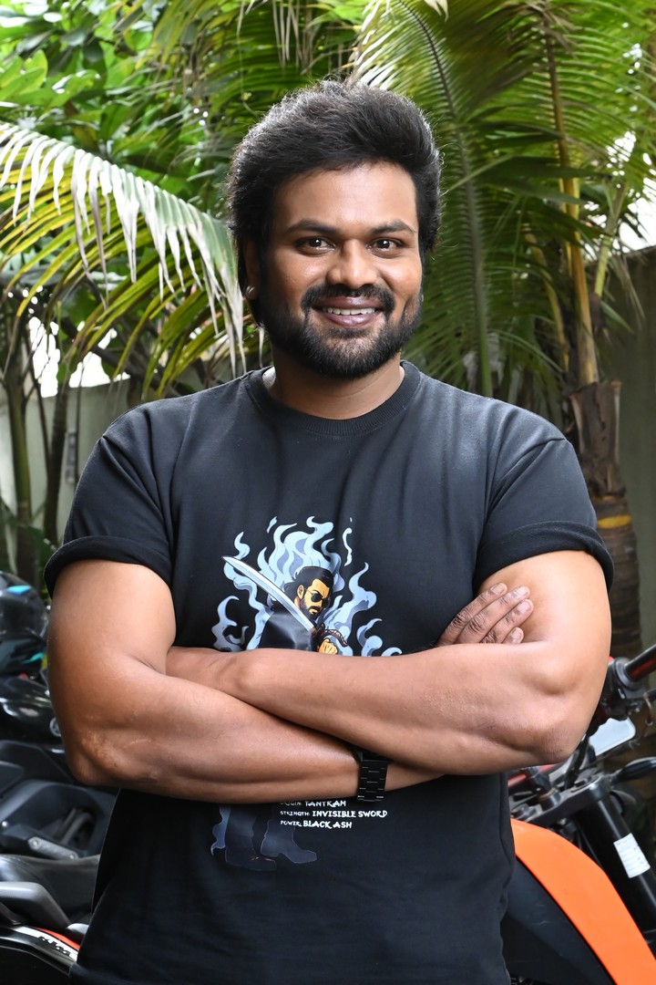 Manchu Manoj black graphic tee with stylish swagger
