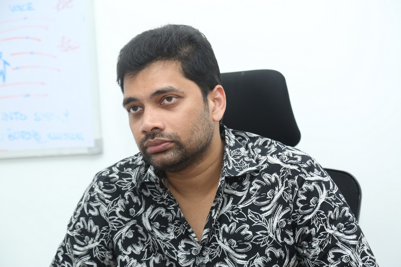 Sahu Garapati bold floral shirt with professional charm