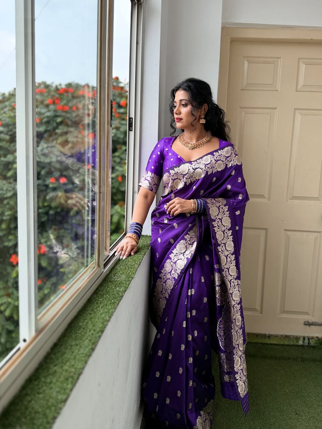 Shilpa Manjunath regal purple and gold fashion style
