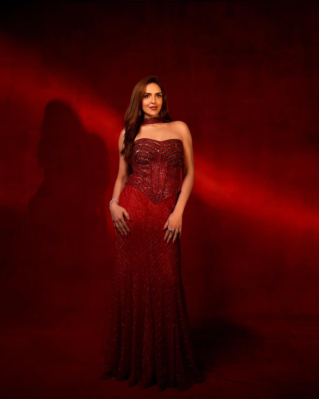 Esha Deol owning the red carpet in crimson gown
