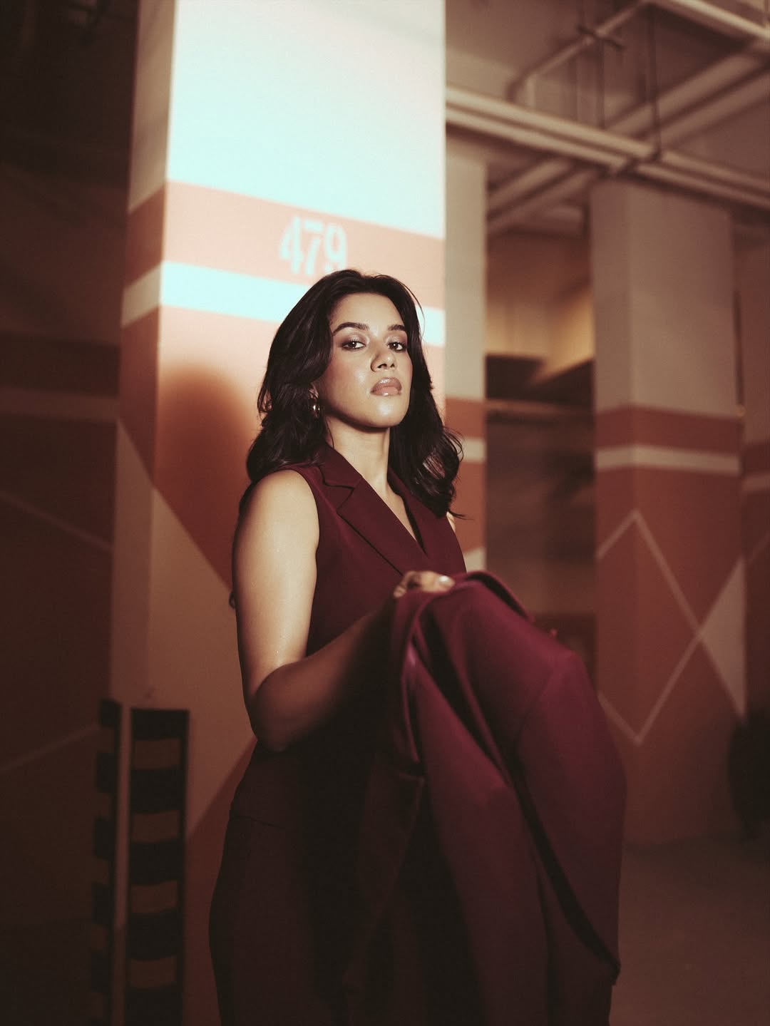 Mirnalini Ravi rocks a deep maroon power suit confidently