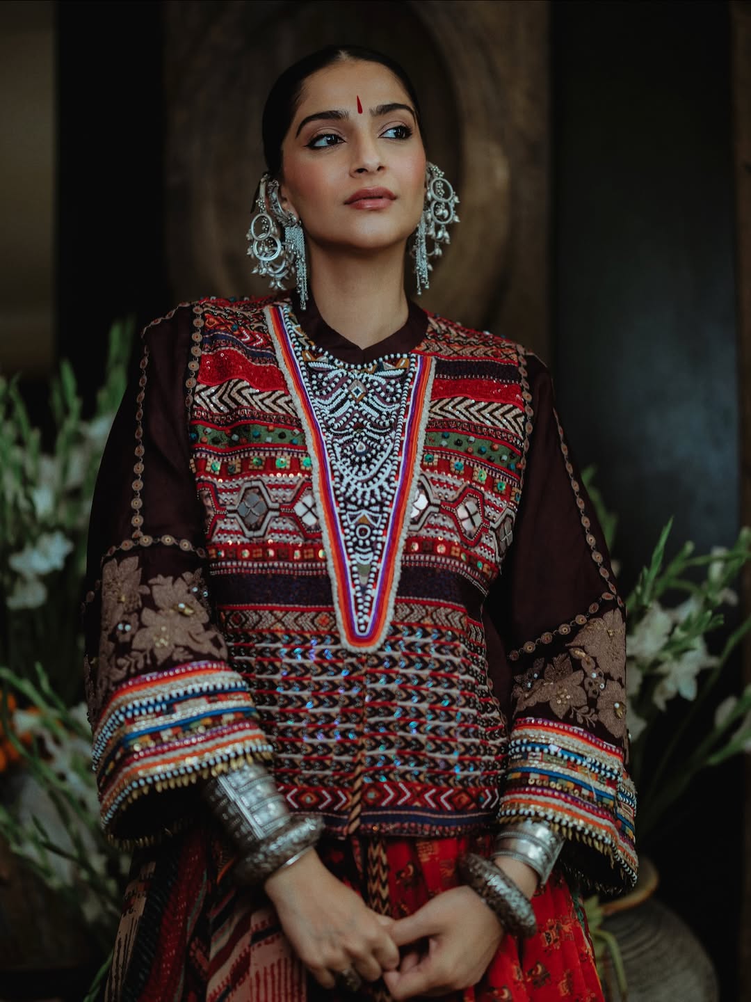 Sonam Kapoor in maroon embroidered skirt and top