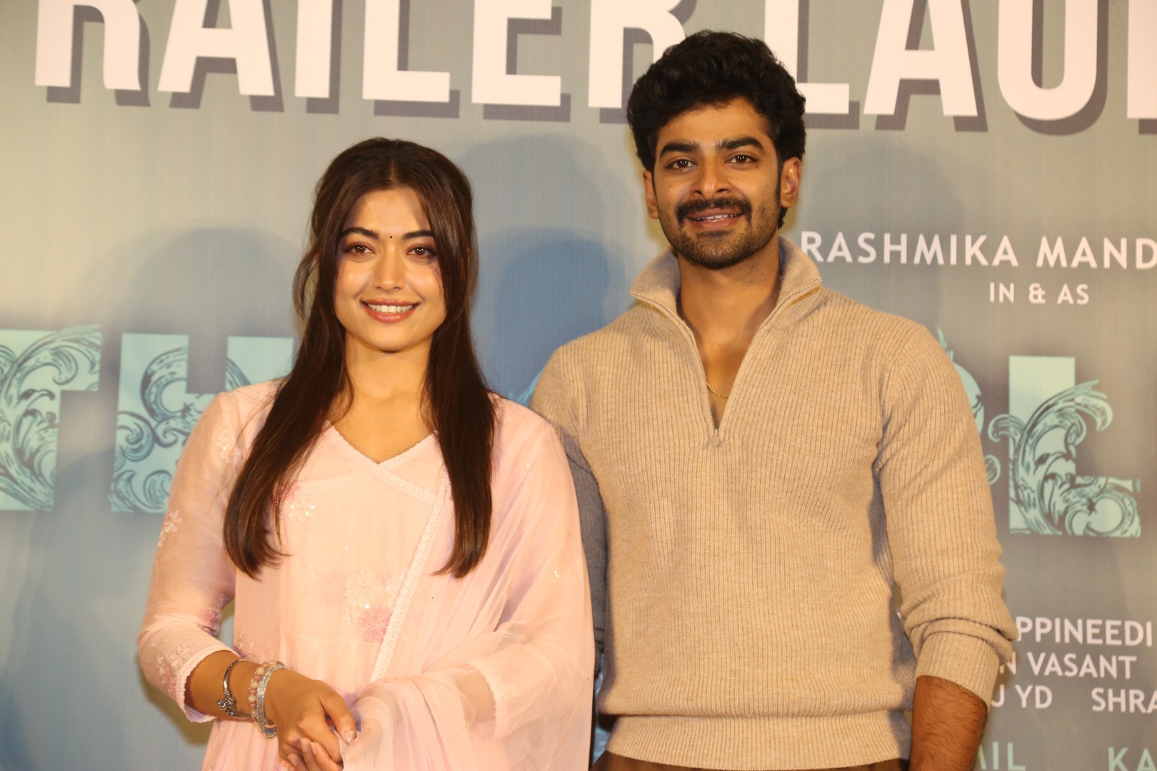Rashmika Mandanna and Dheekshith Shetty posing together at trailer launch
