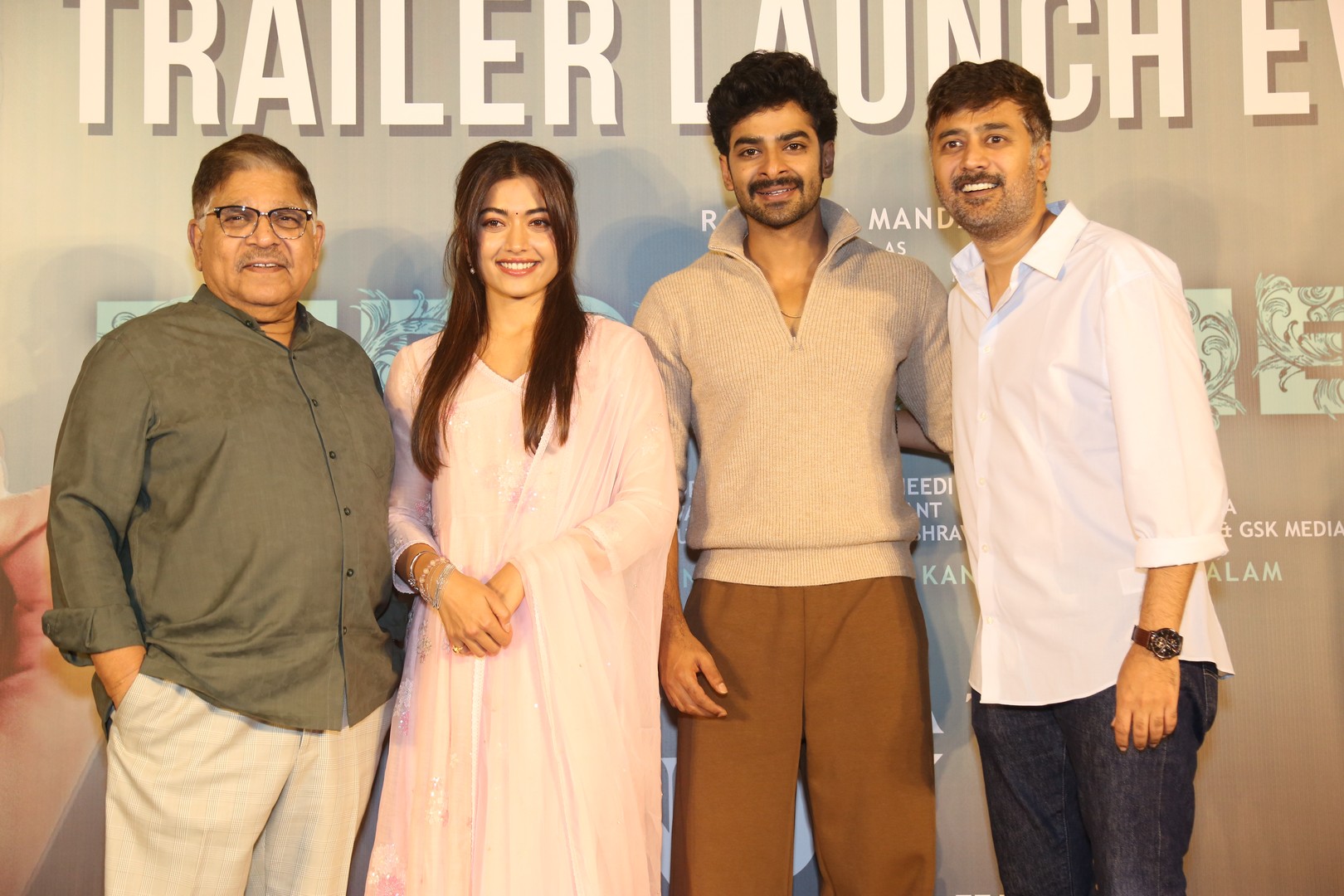 Allu Aravind, Rashmika Mandanna, Dheekshith Shetty and Rahul Ravindran posing together
