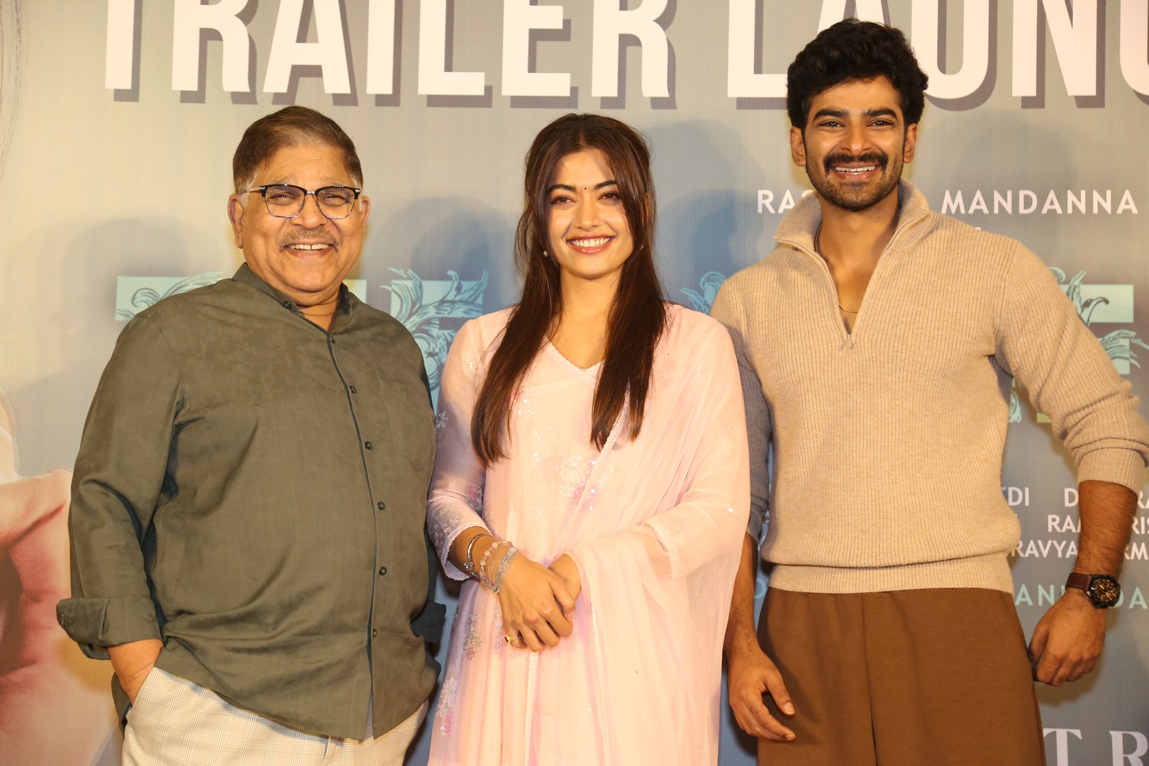 Allu Aravind with Rashmika Mandanna and Dheekshith Shetty posing together