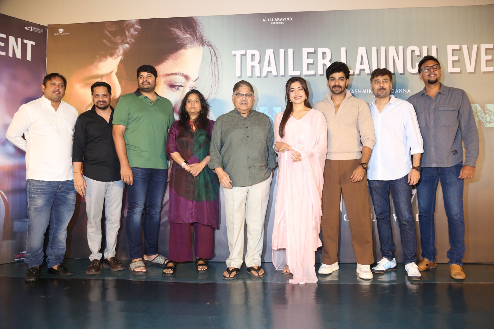 Entire team of The Girlfriend posing together including Rashmika Mandanna and Allu Aravind