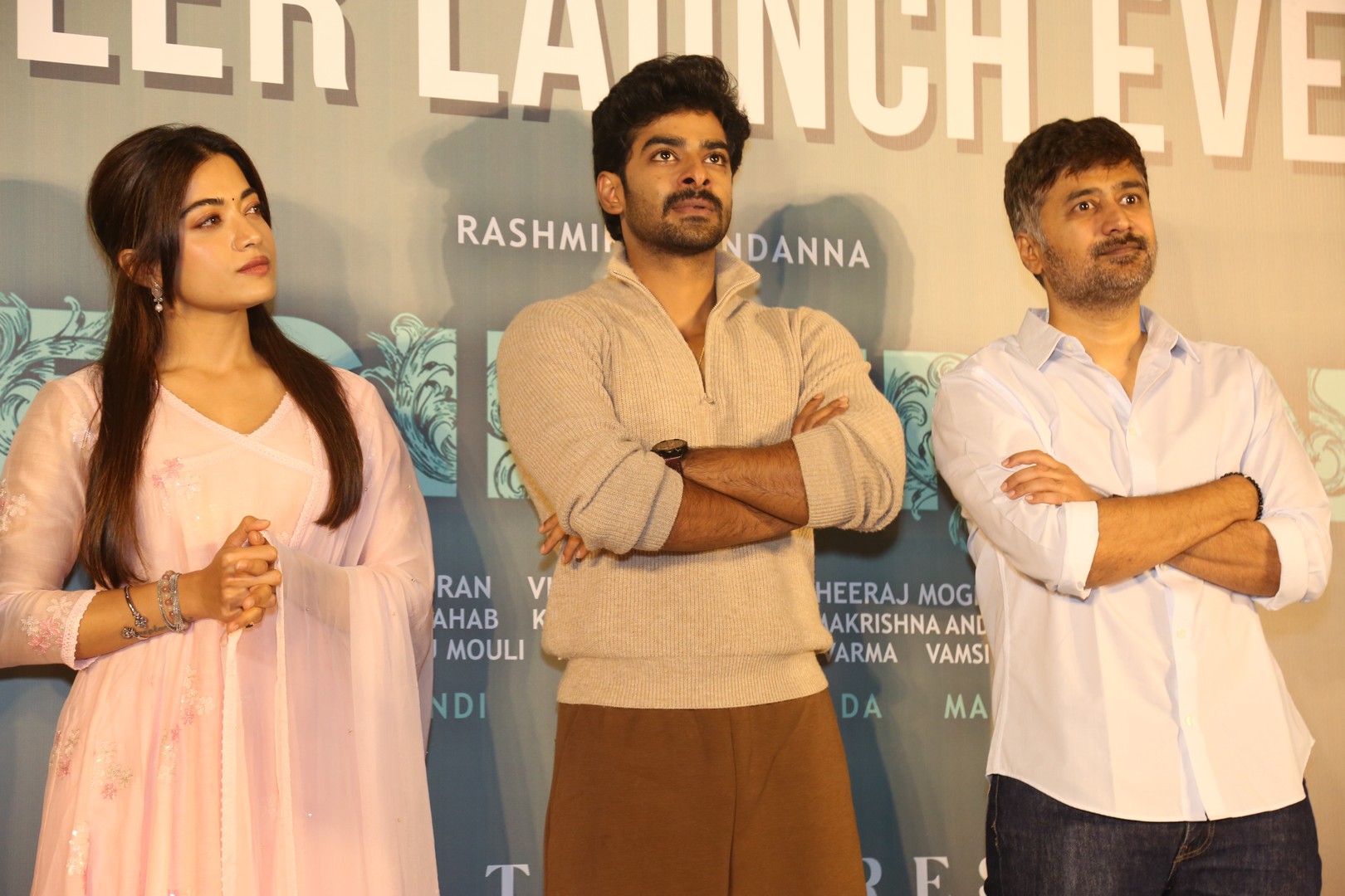 Rashmika Mandanna Dheekshith Shetty and Rahul Ravindran captured together