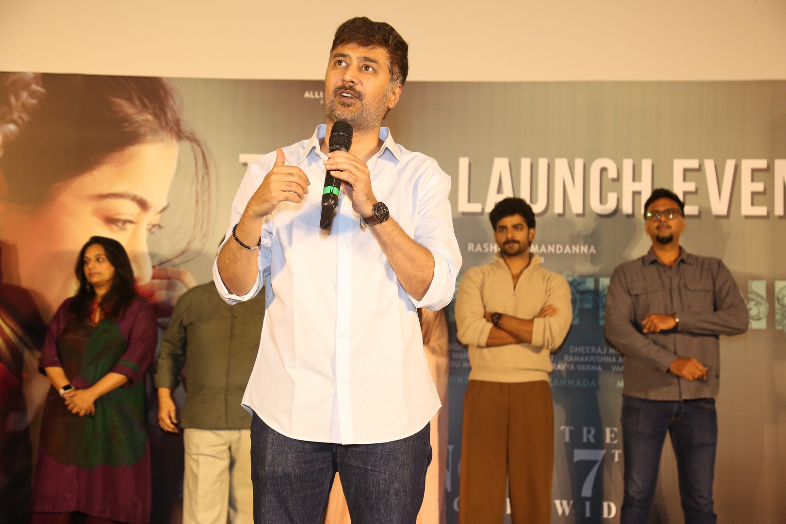 Rahul Ravindran delivering speech at trailer launch