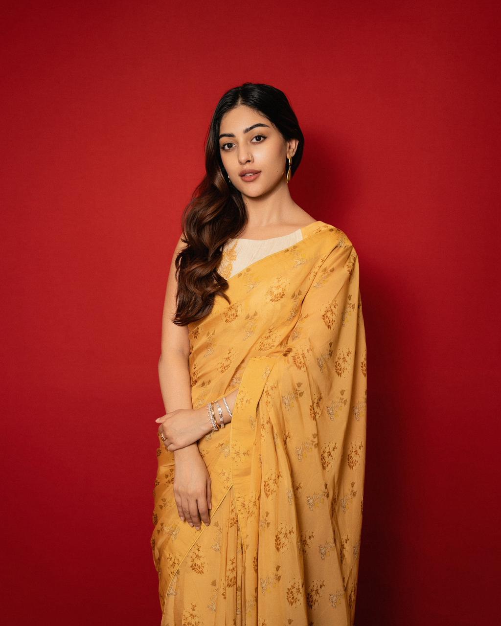 Anu Emmanuel shining with elegance in yellow saree
