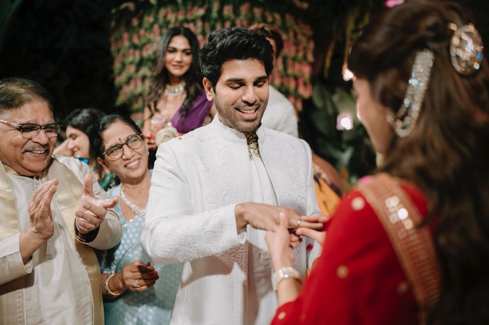 Couple posing elegantly during engagement celebration