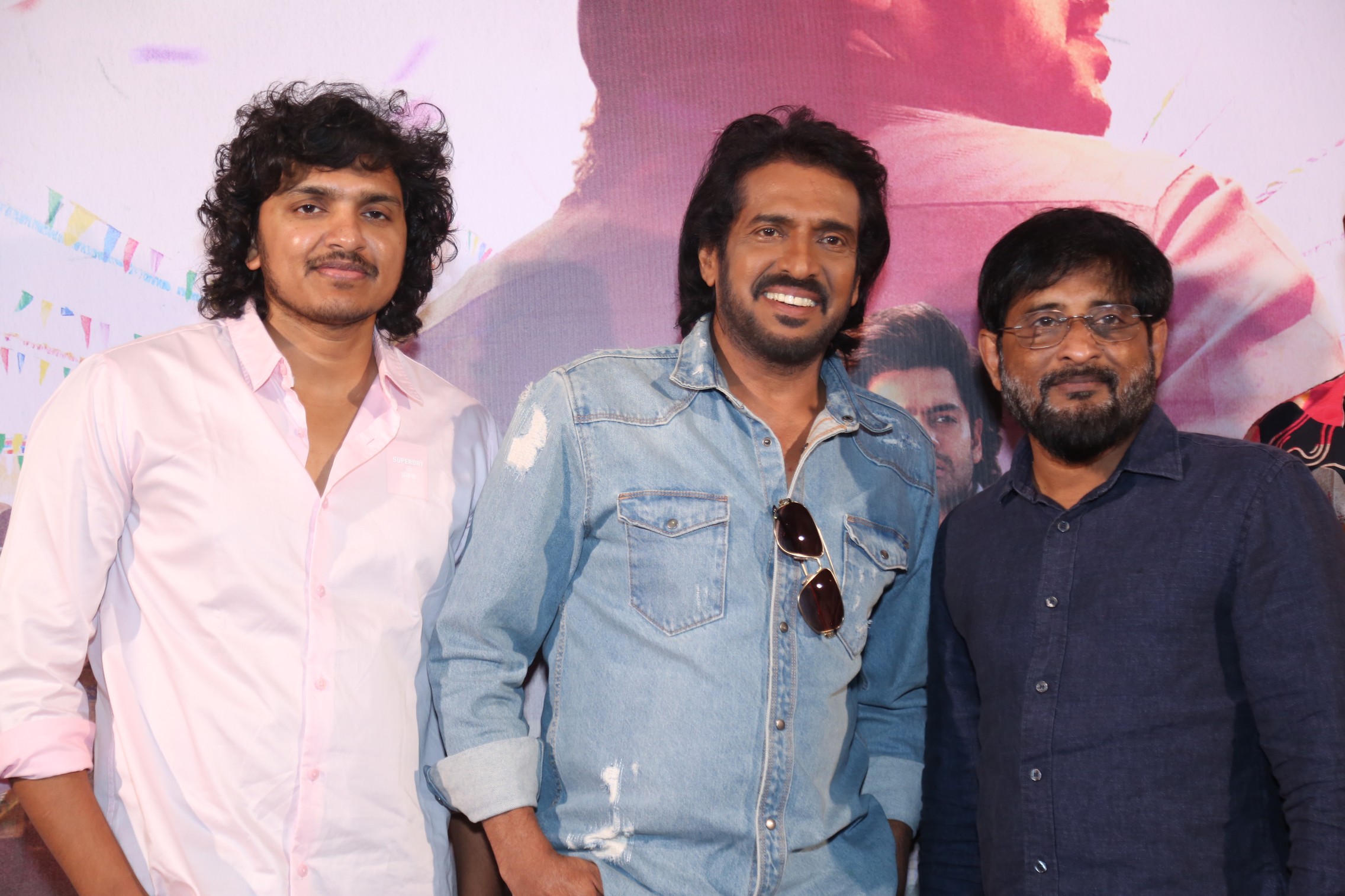 Mahesh Babu P Upendra and Y Ravi Shankar posing for media