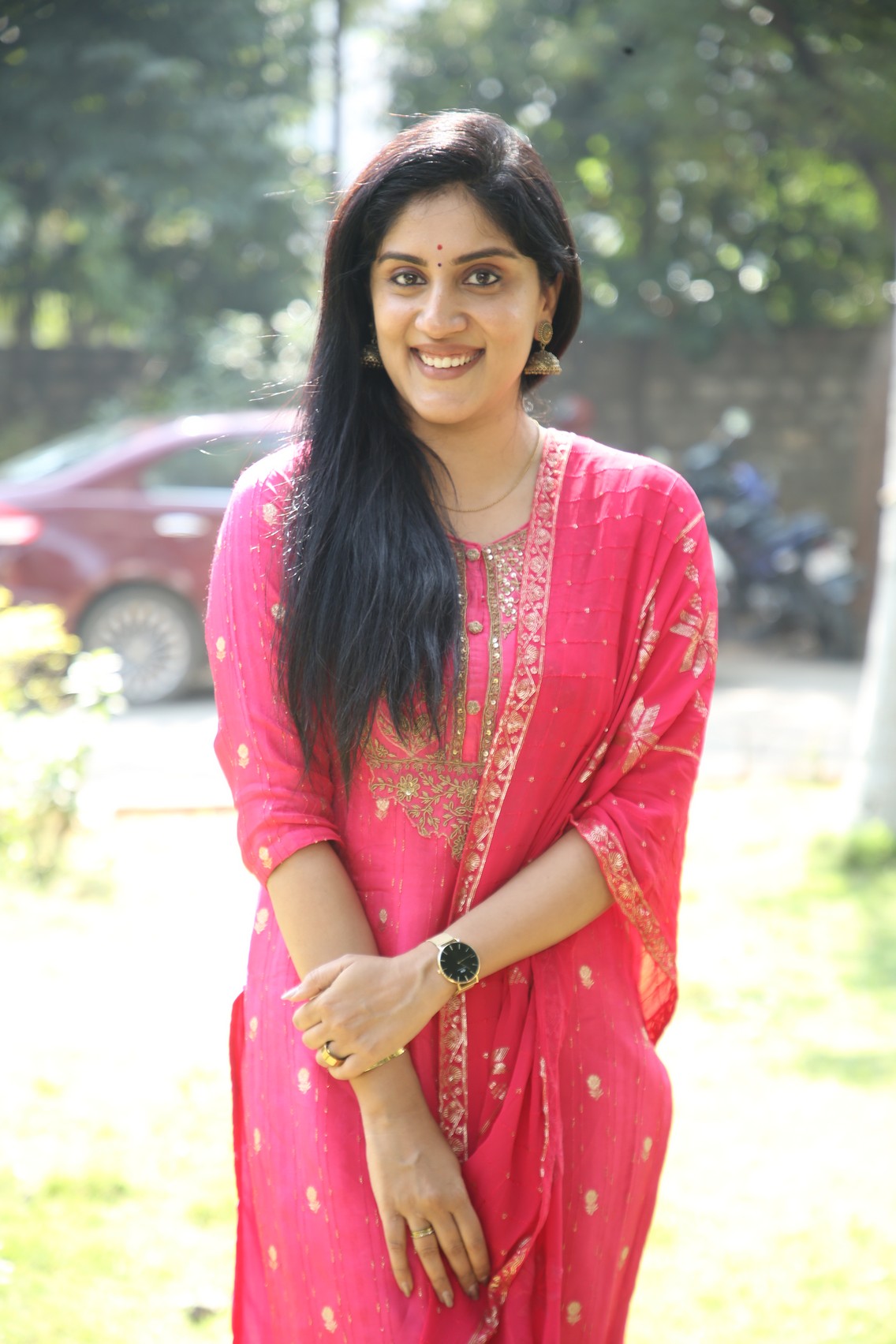Dhanya Balakrishna stylish in pink saree with confidence