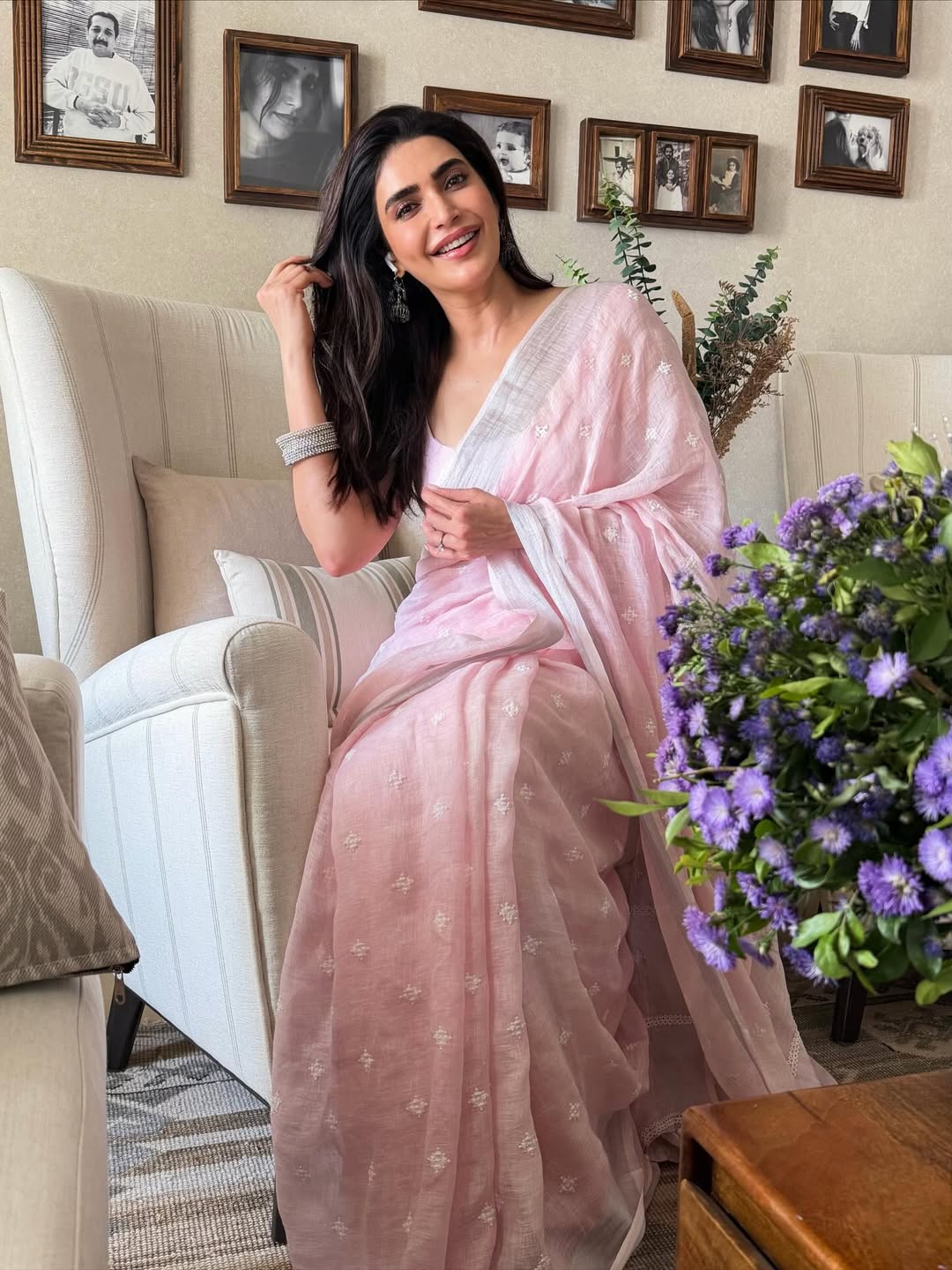 Karishma Tanna shining in elegant pastel saree