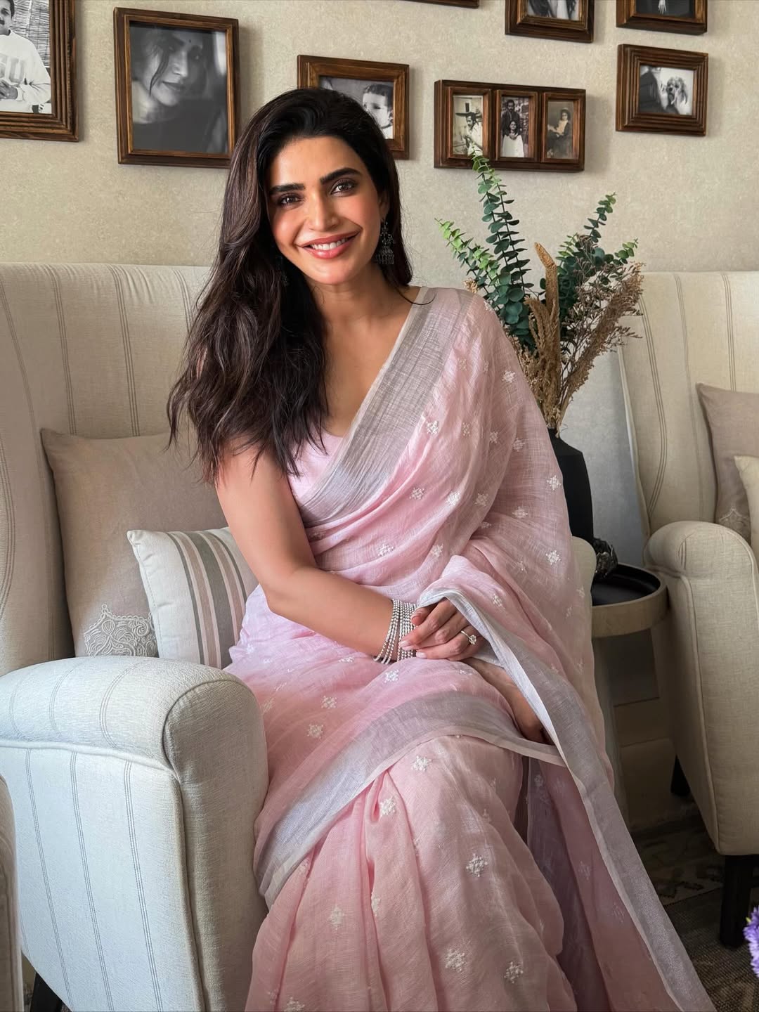 Karishma Tanna charming in soft pink saree elegance