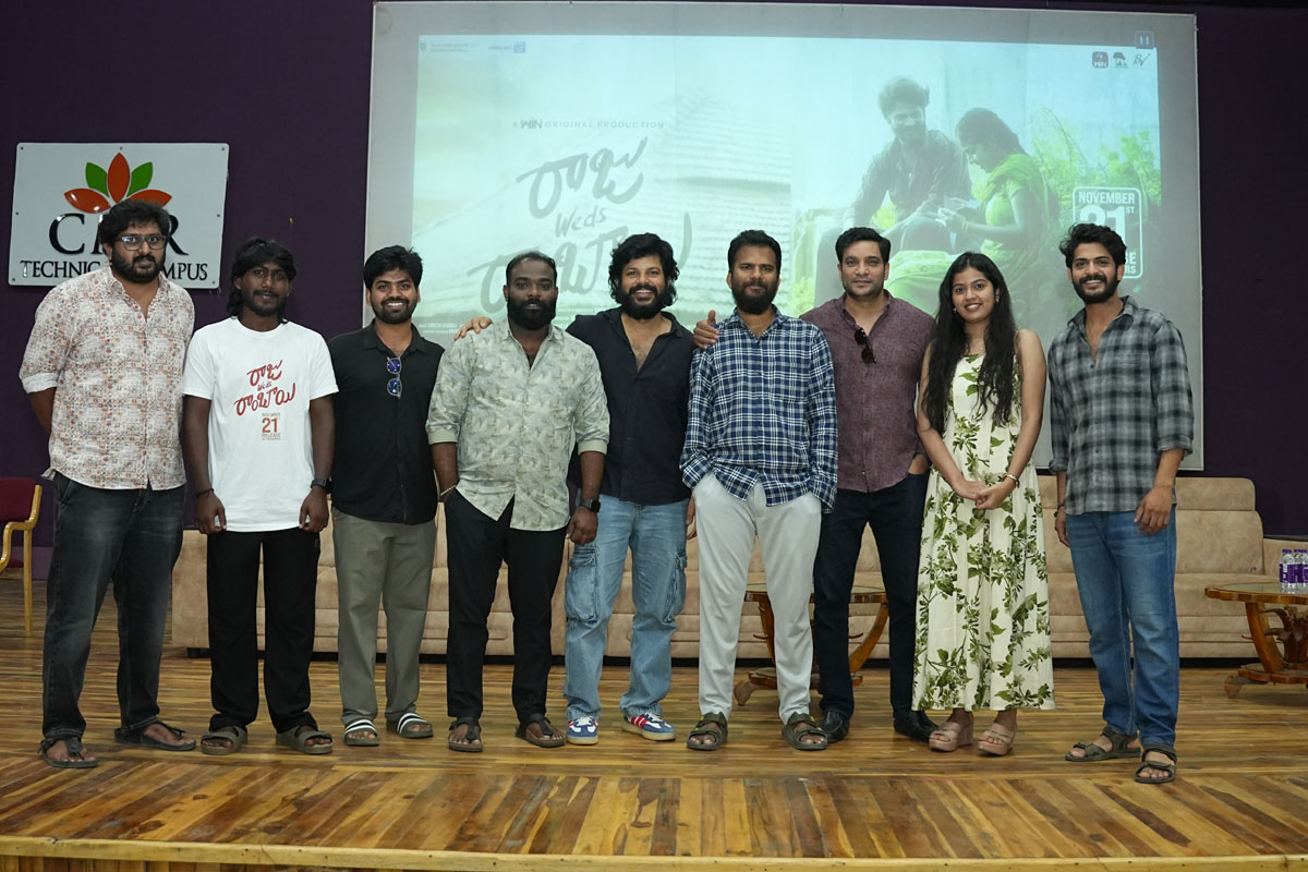 Raju Weds Rambhai team posing together for media at CMR College