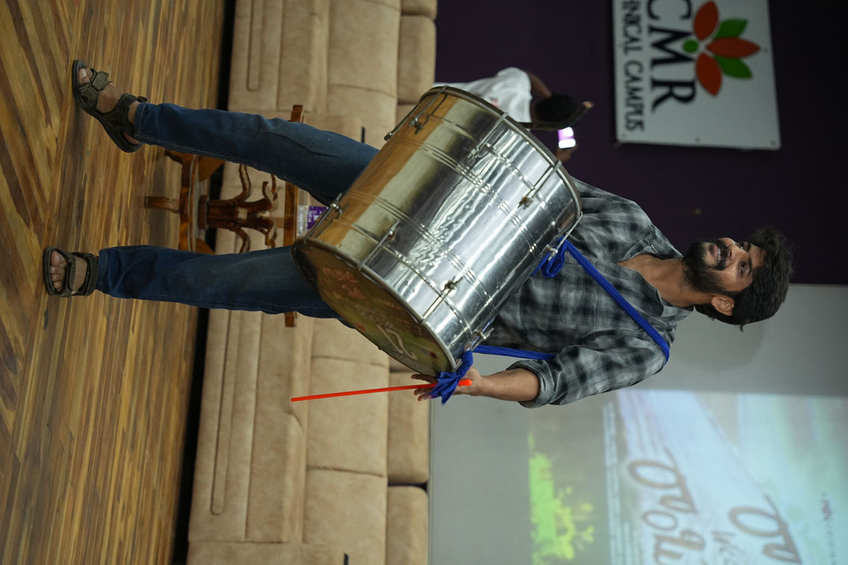 Akhil Raj Uddemari playing drums during Raju Weds Rambhai event performance