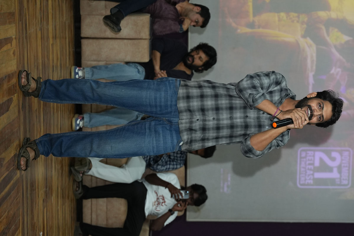 Akhil Raj Uddemari speaking on stage during Raju Weds Rambhai event