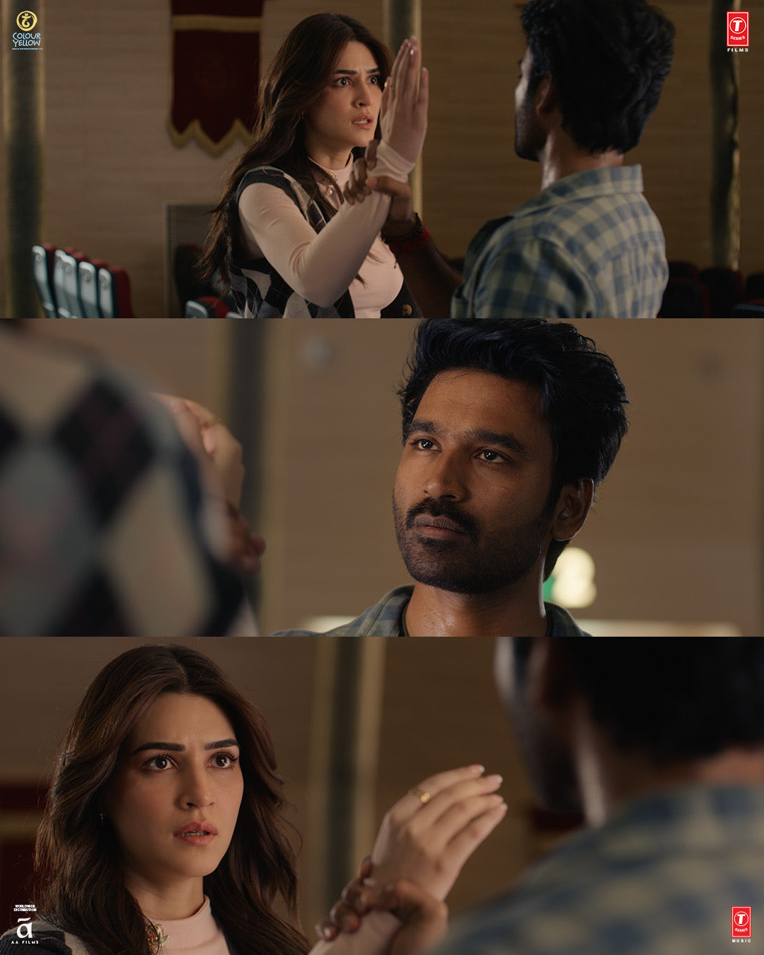 Tere Ishk Mein collage featuring Dhanush and Kriti Sanon