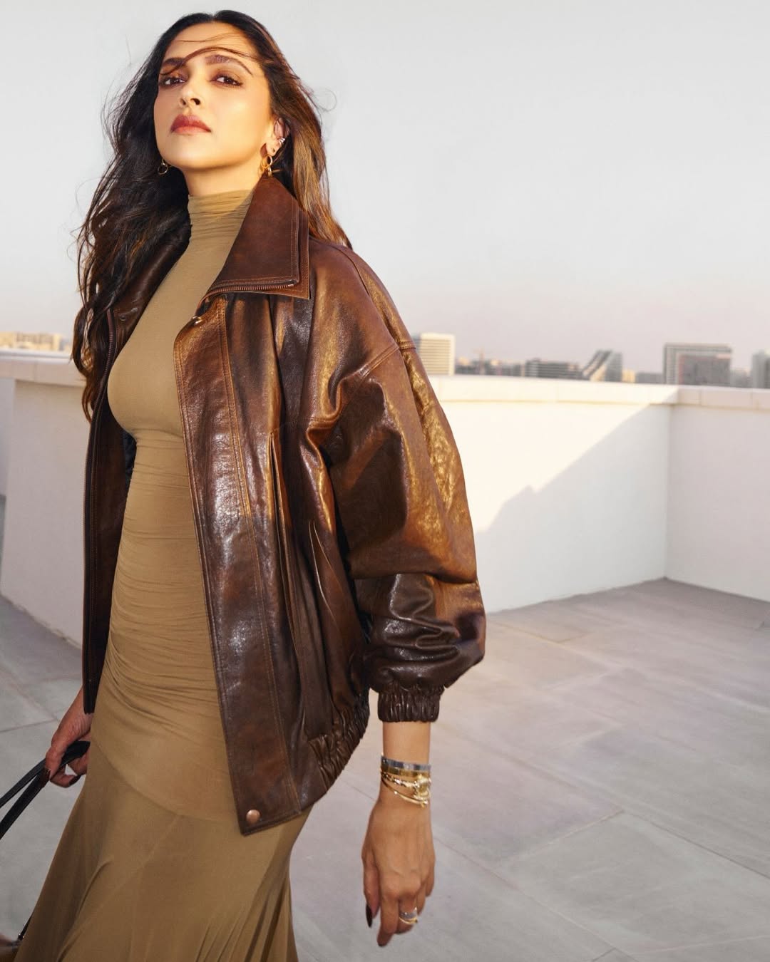 Deepika Padukone in leather jacket, rooftop fashion moment