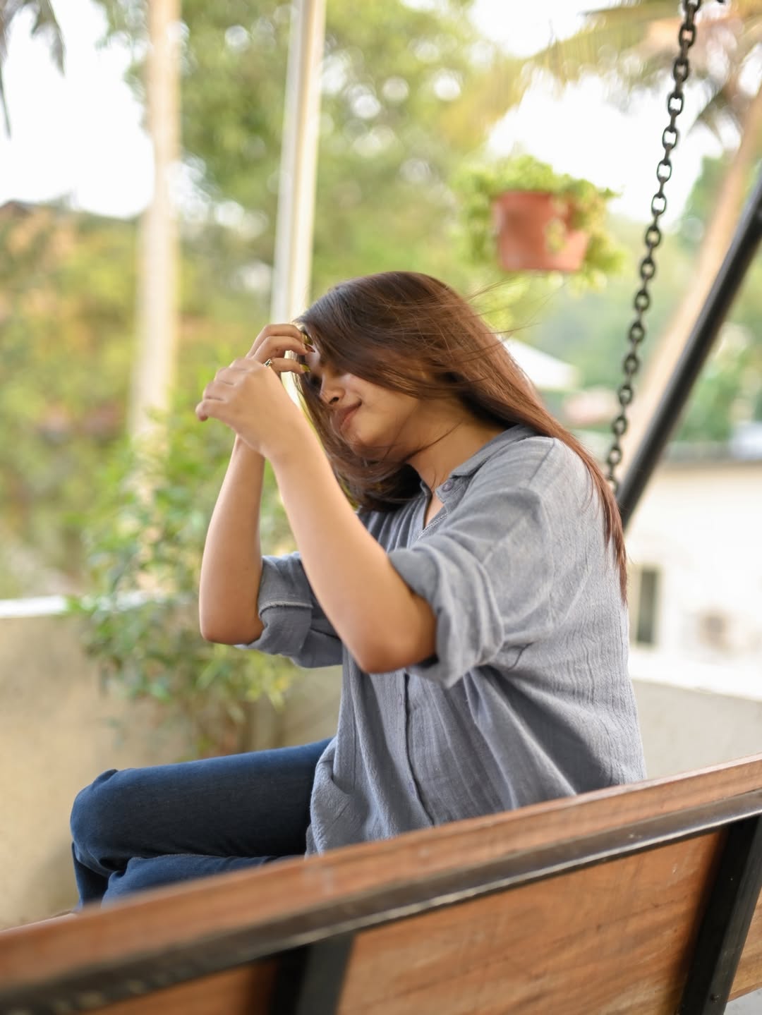 Gopika Ramesh casual chic look in grey shirt