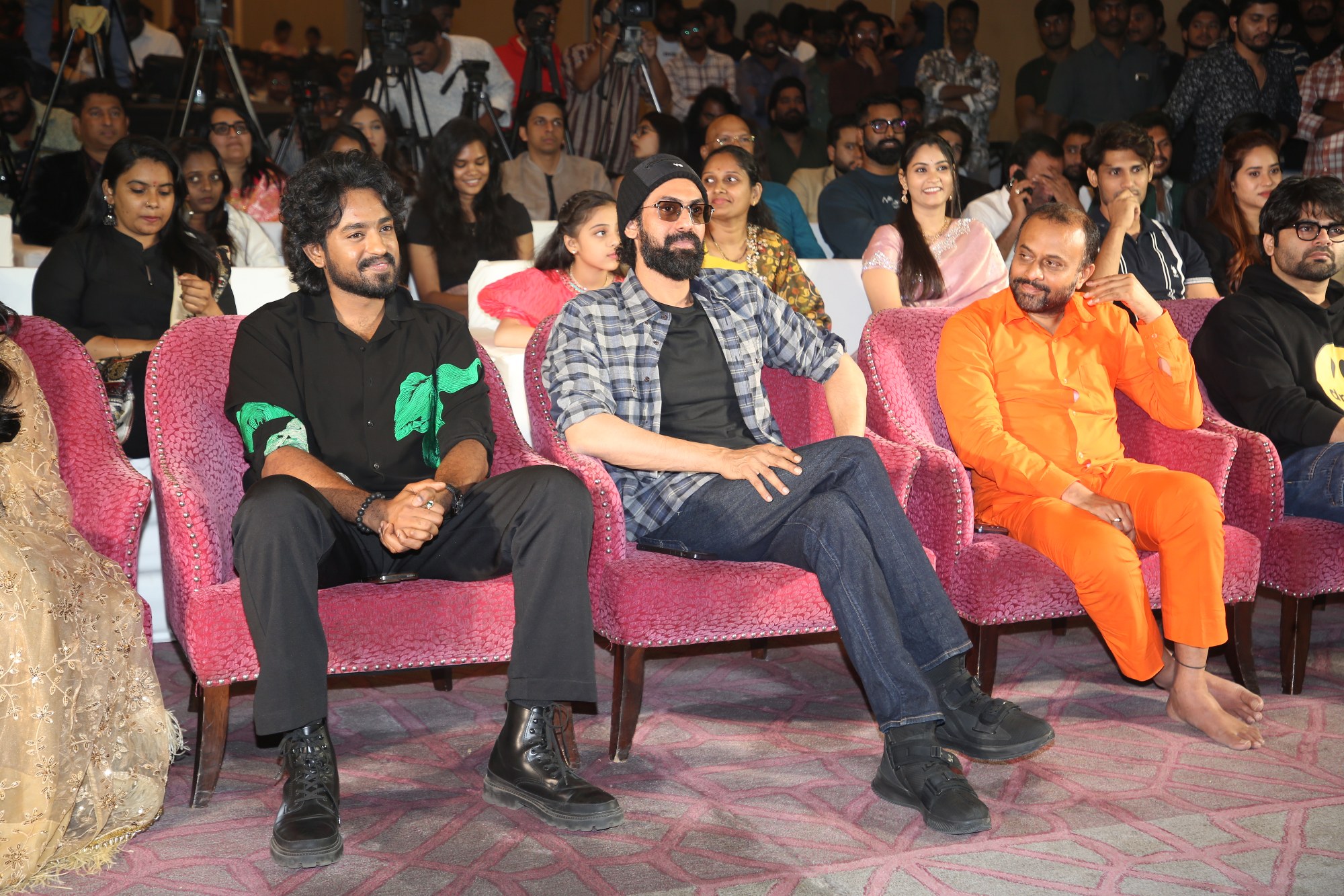 Roshan Kanakala Rana Daggubati TG Vishwa seated