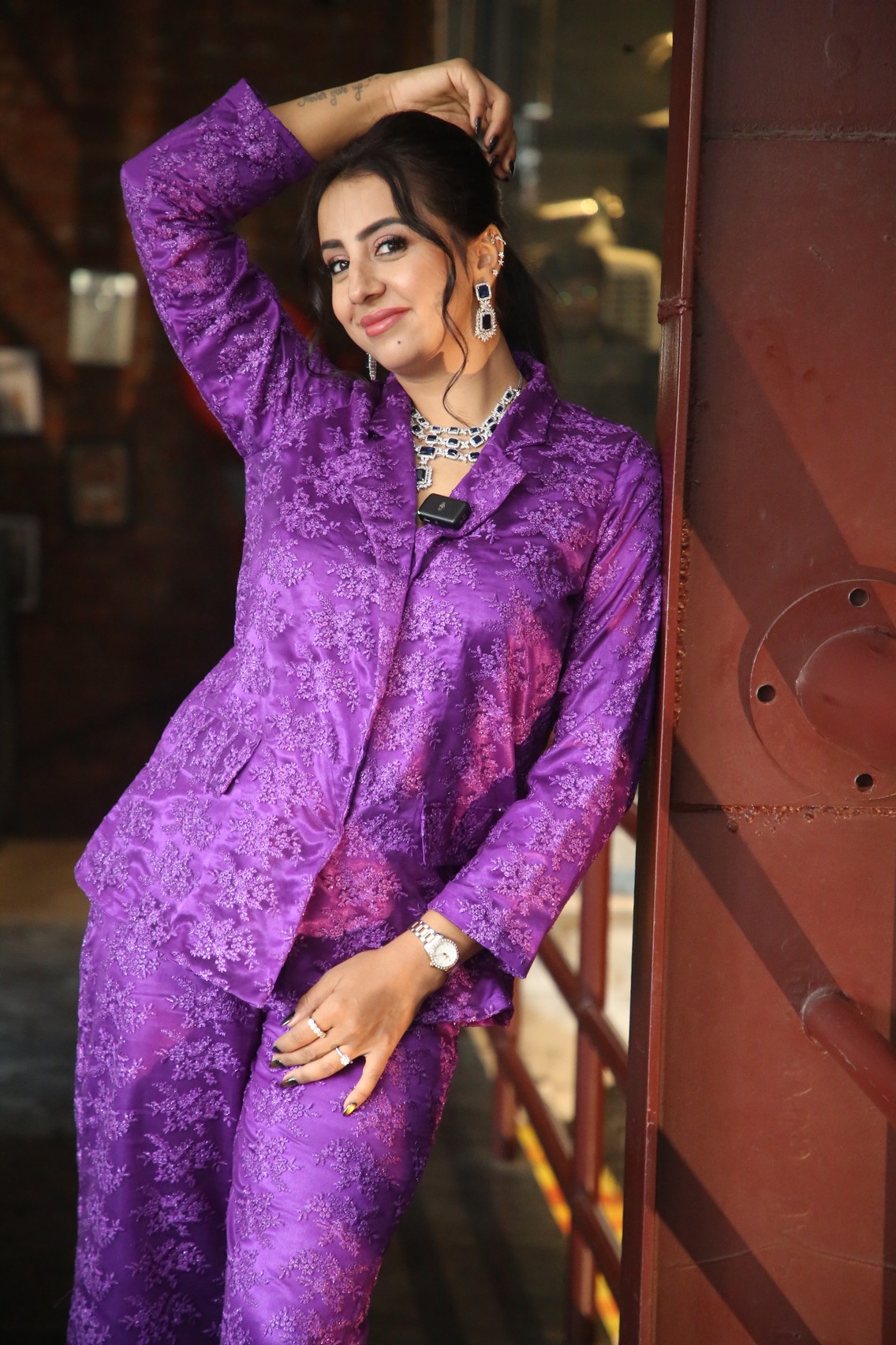 Sanjjanaa Galrani glamorous violet look with royal vibe