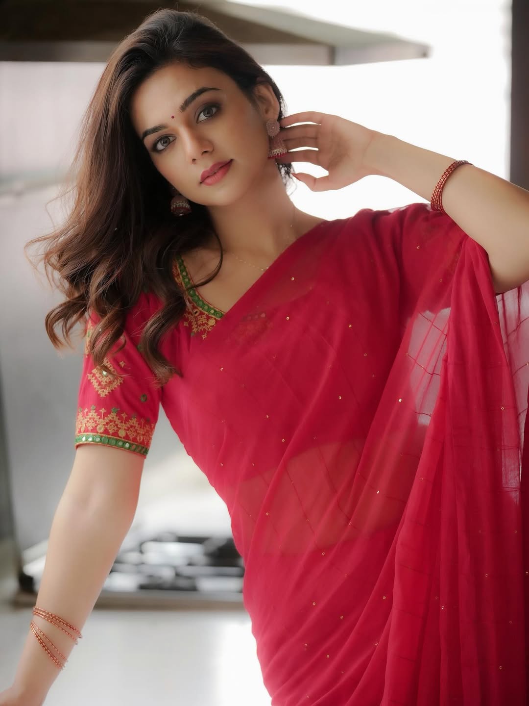 Bhavya Trikha stunning in classic red saree