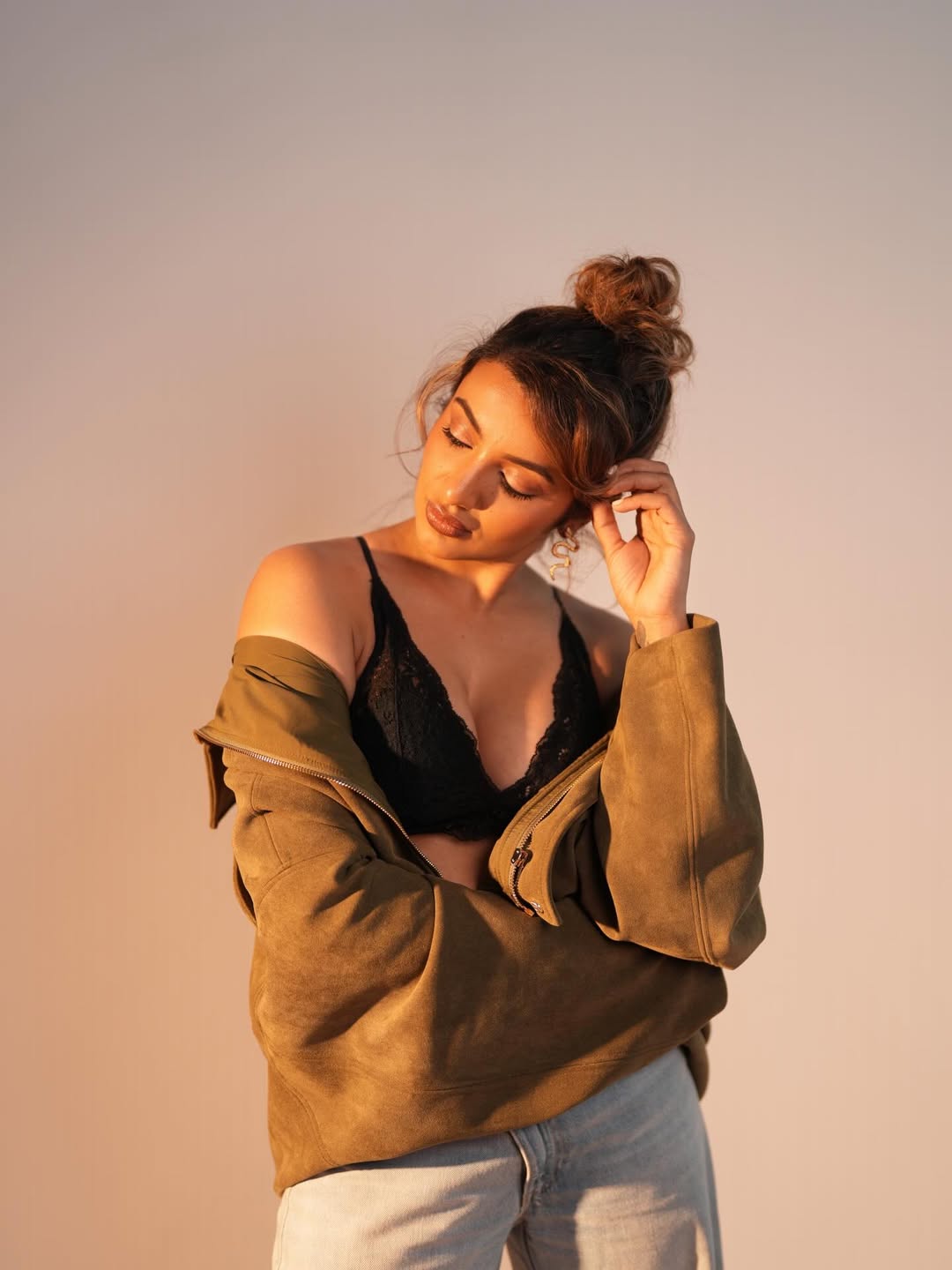 Tejaswi Madivada confident lace and leather style moment