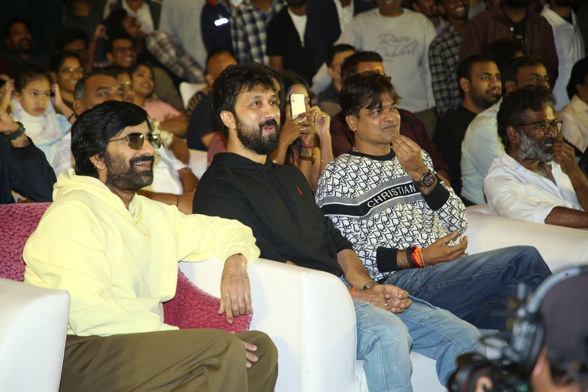 Ravi Teja with Bobby and Harish Shankar seated at pre release event