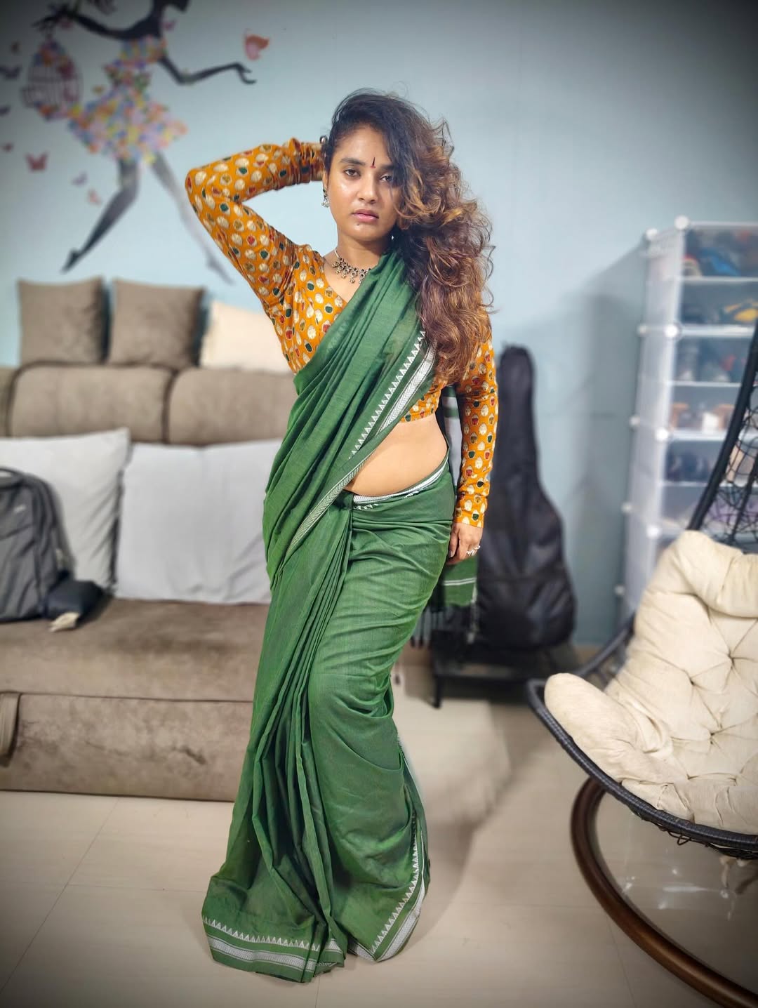 Soumya rocks green saree blending trend and tradition