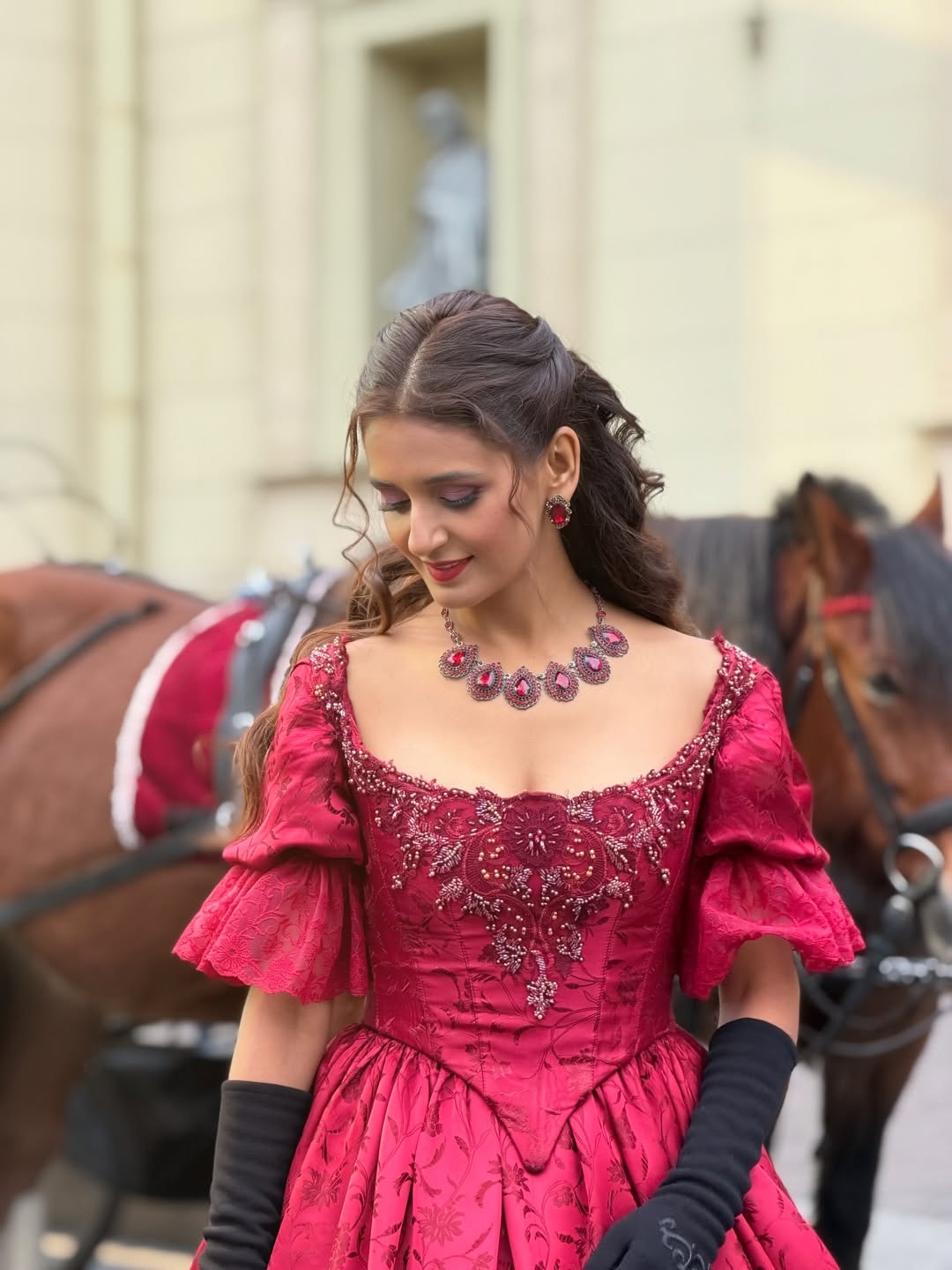 Shakti Mohan stylish regal crimson outfit