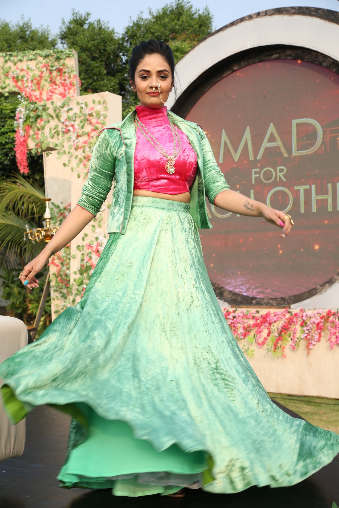 Sreemukhi pink green fusion outfit