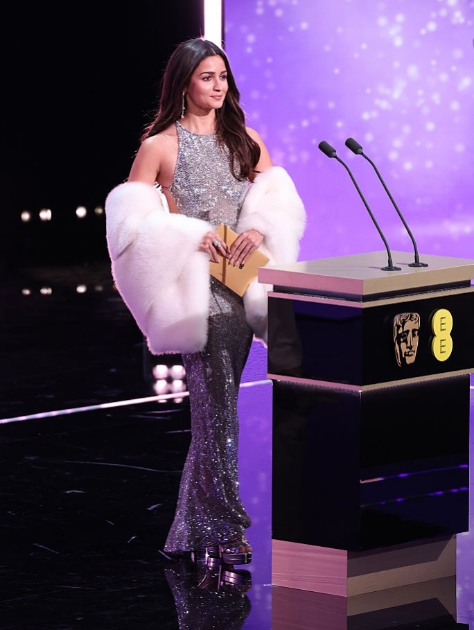 Alia Bhatt glitter and fur red carpet look