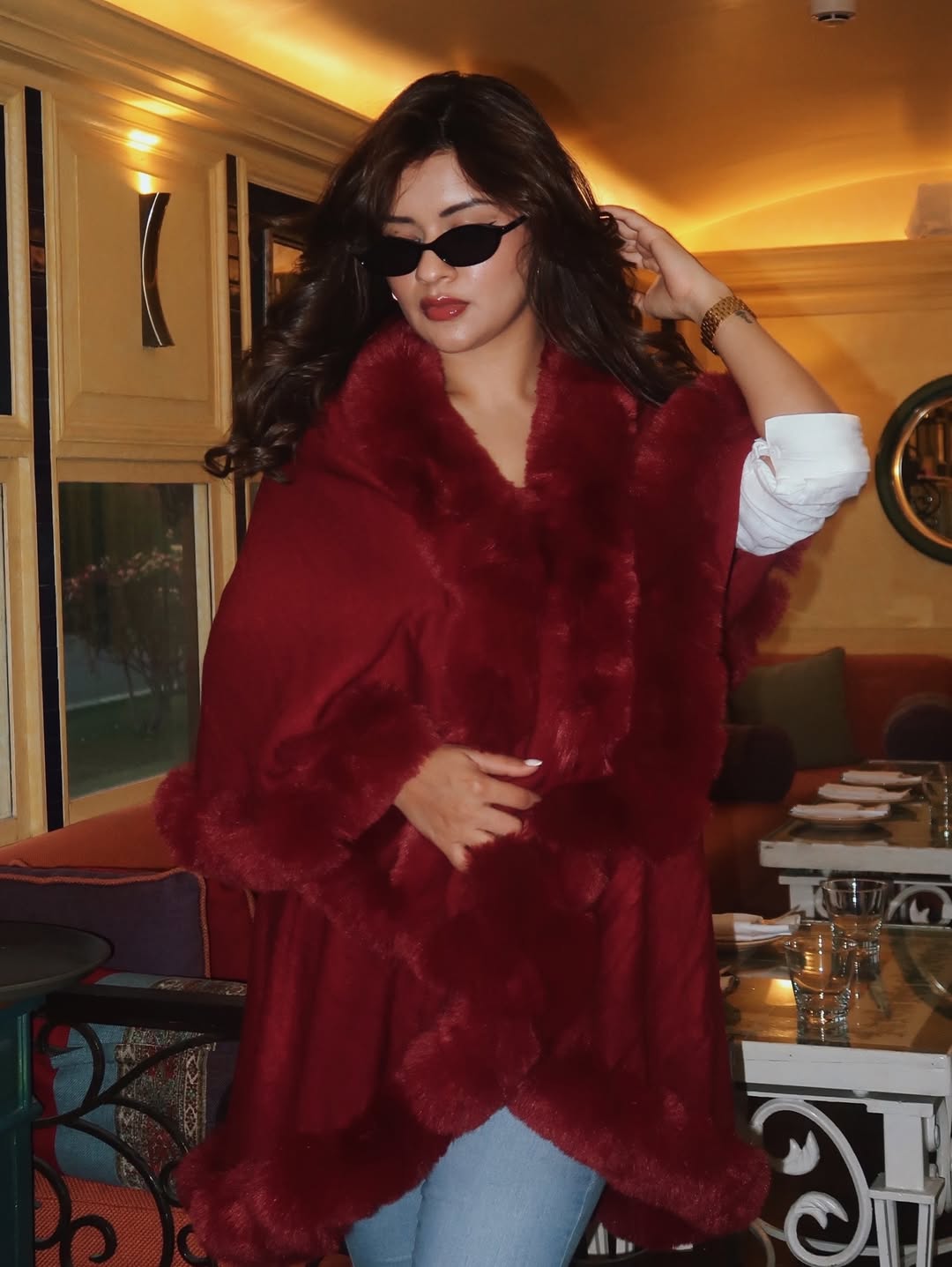 Avneet Kaur luxe red fur runway ready style