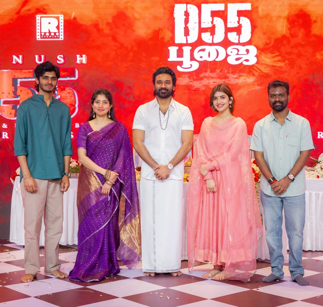 Dhanush Sai Pallavi Sree Leela Mammootty Joins #D55 Pooja Stills Viral