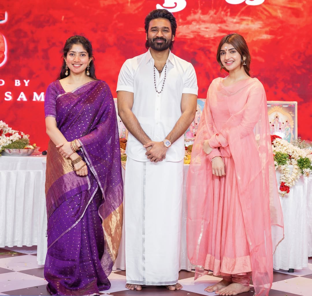 Dhanush Sai Pallavi Sree Leela Mammootty Joins #D55 Pooja Stills Viral