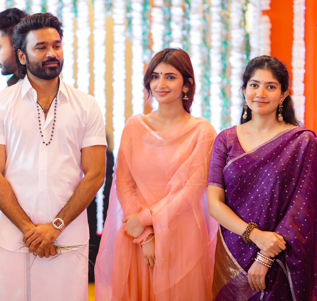 Dhanush Sai Pallavi Sree Leela Mammootty Joins #D55 Pooja Stills Viral