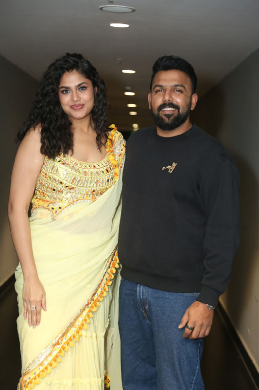 Faria Abdullah and Tharun Bhascker smiling for media