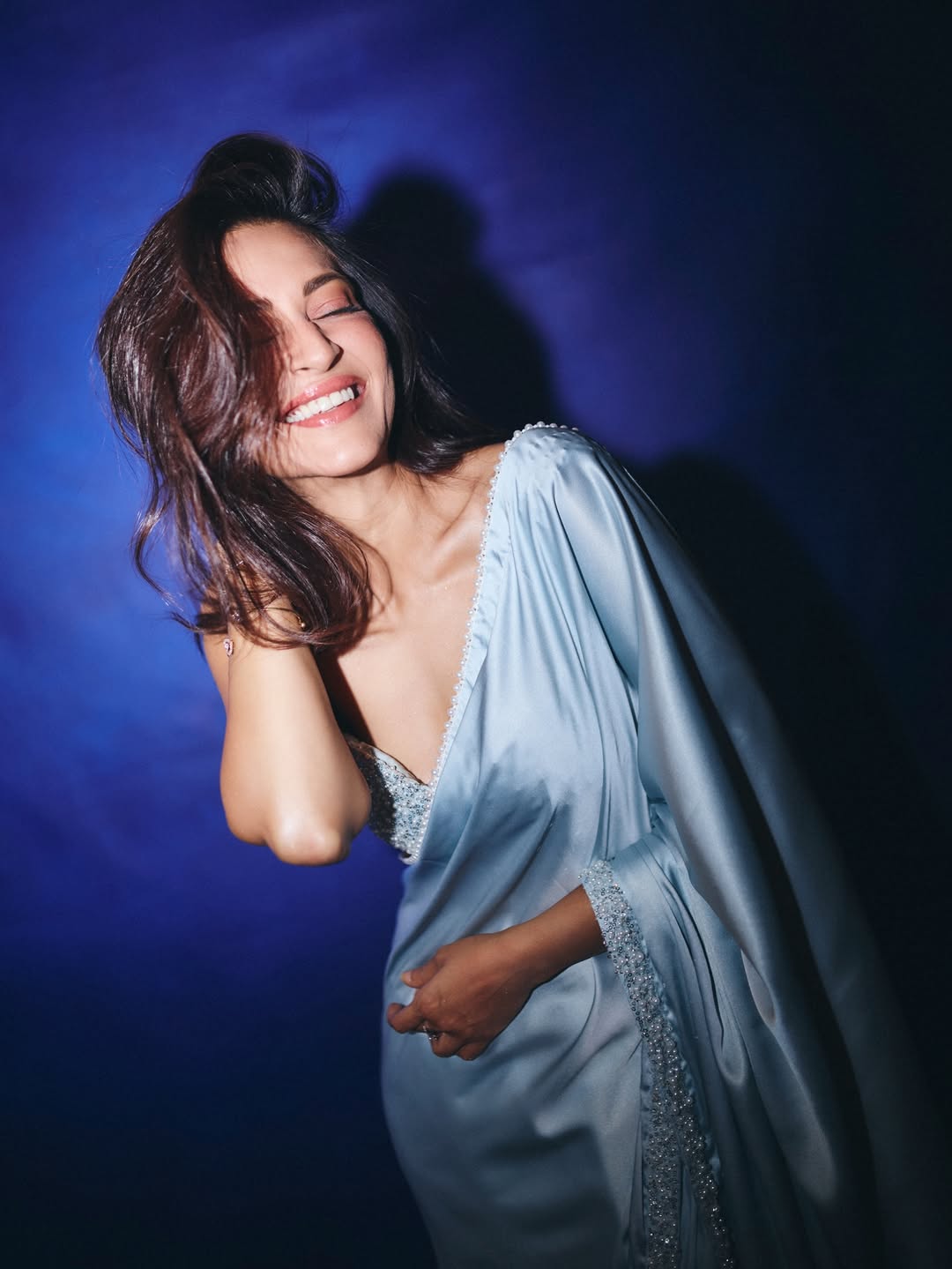 Kriti Kharbanda in pastel blue satin saree