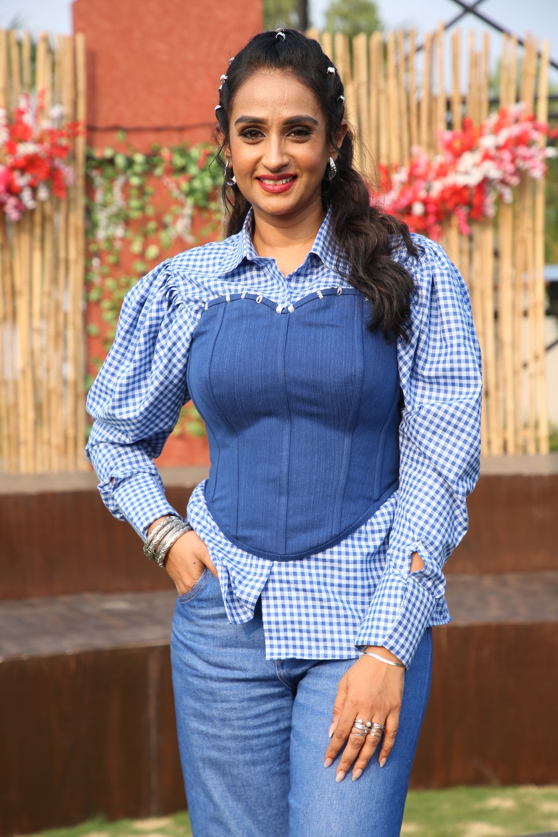 Laya gingham blouse denim corset