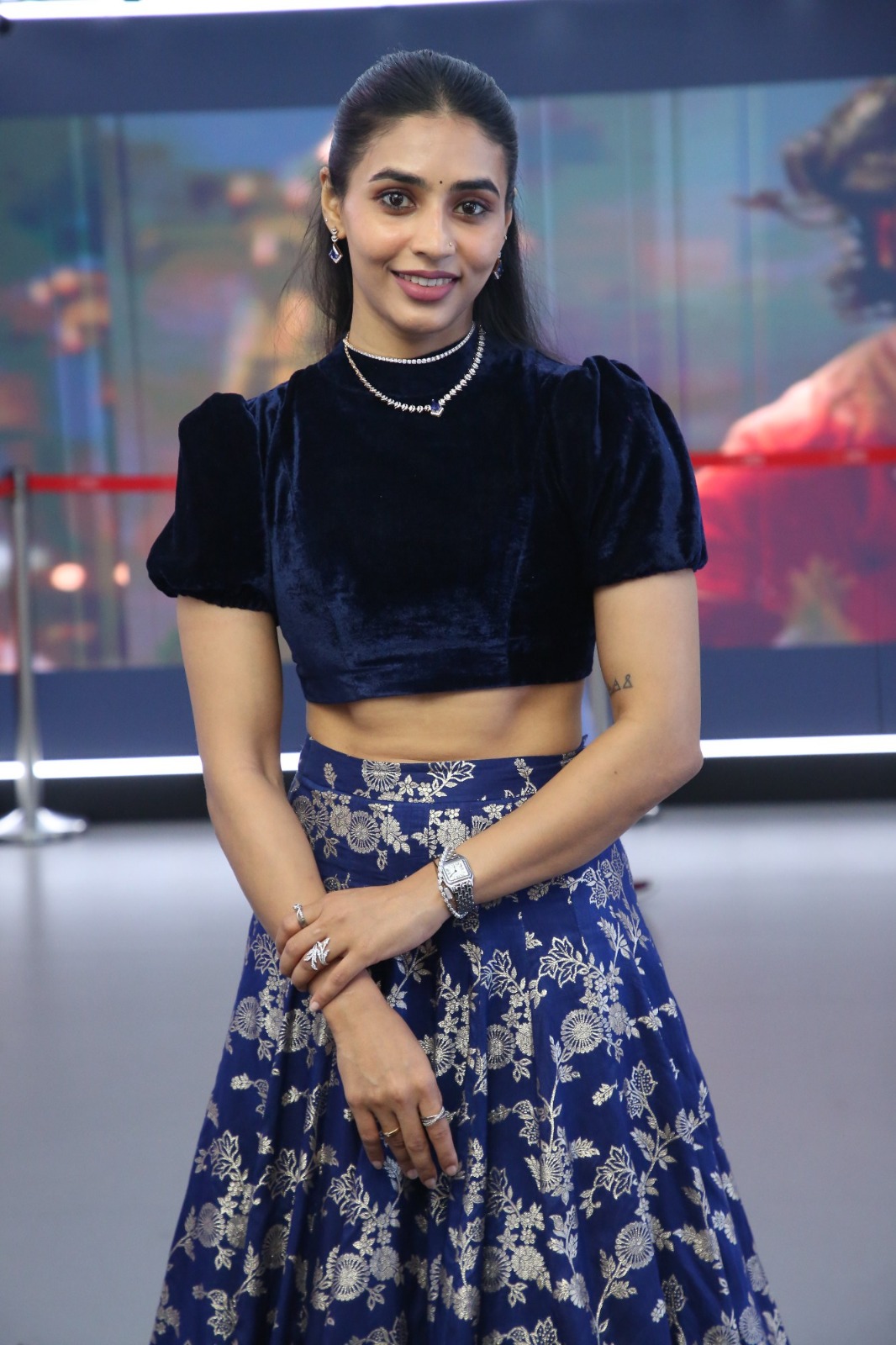 Sapthami Gowda chic velvet crop top style