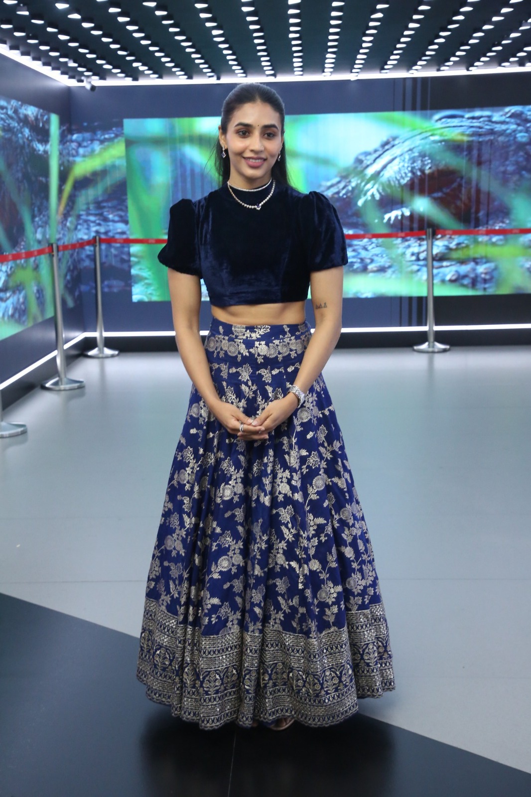 Sapthami Gowda blue ensemble embroidered elegance