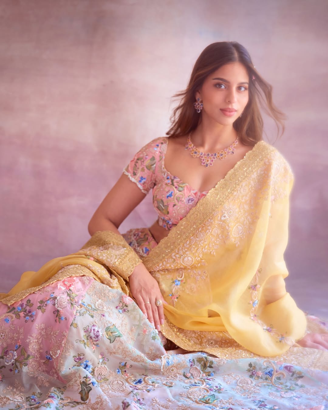 Suhana Khan elegant pastel lehenga with statement necklace